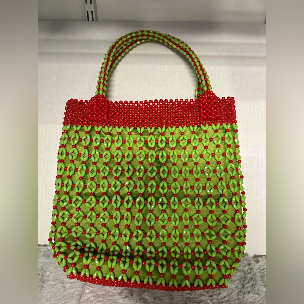 Artisan Red and Green Beaded Tote Bag Y2K